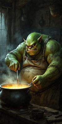 The primary subject of the image is a large, green, angry-looking creature, possibly a demon or a monster, standing next to a pot of food. The creature is holding a spoon and appears to be stirring the pot. The setting is a dark, possibly demonic, environment, with the creature being the main focus of the image. The visual style is a digital art or illustration, with the creature being depicted in a detailed and vivid manner. The colors and mood of the image are dark and intense, with the green creature exuding a sense of anger and aggression.
